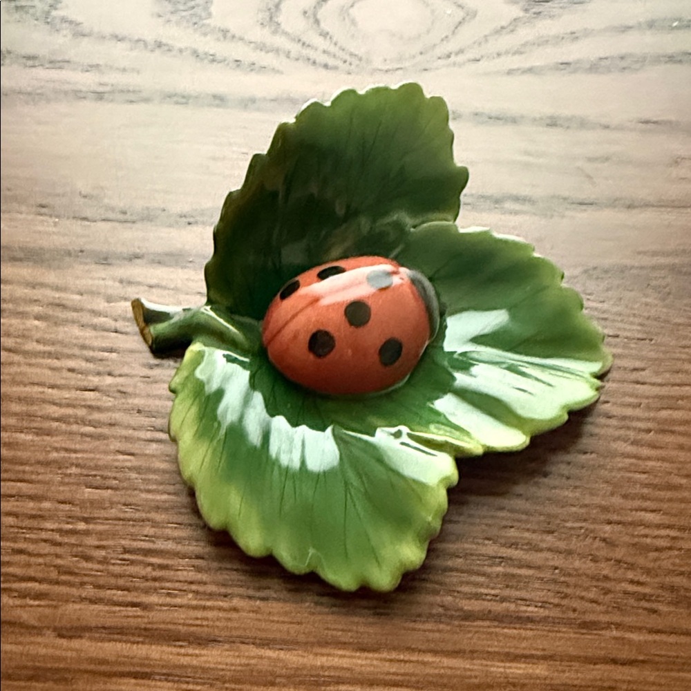 HEREND Hand-Painted Porcelain Ladybug on Leaf — First Edition Figurine